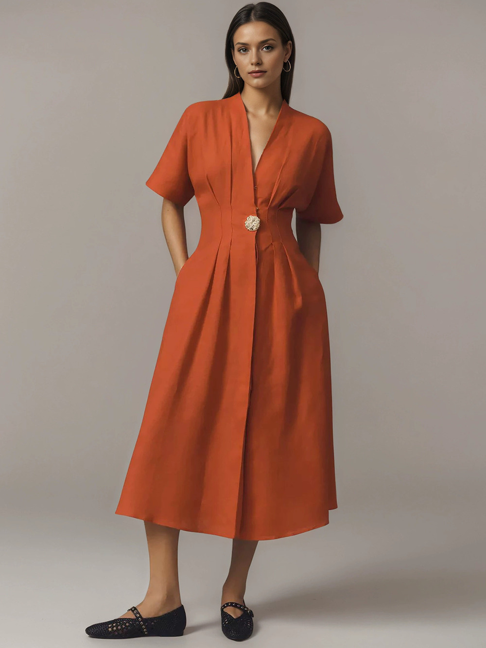 Zara New Long Shirt Dress Collar Short Sleeve Button Front Loose Slit